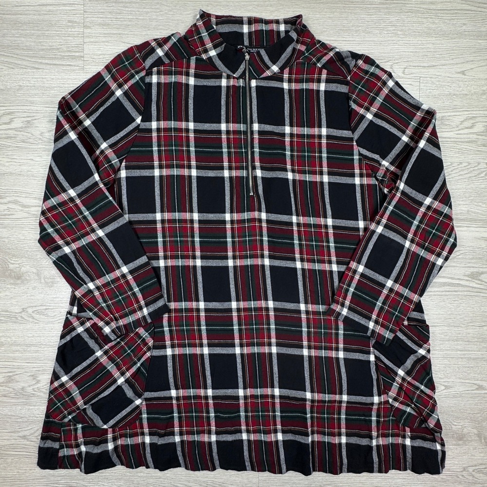 Zara Women's Tunic Top Plaid Quarter Zip Long Sleeve Black Red XL Pocketed